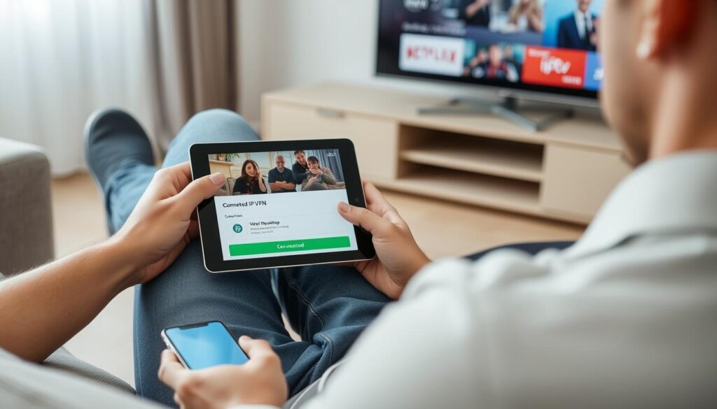 Person using VPN for IPTV streaming on multiple devices